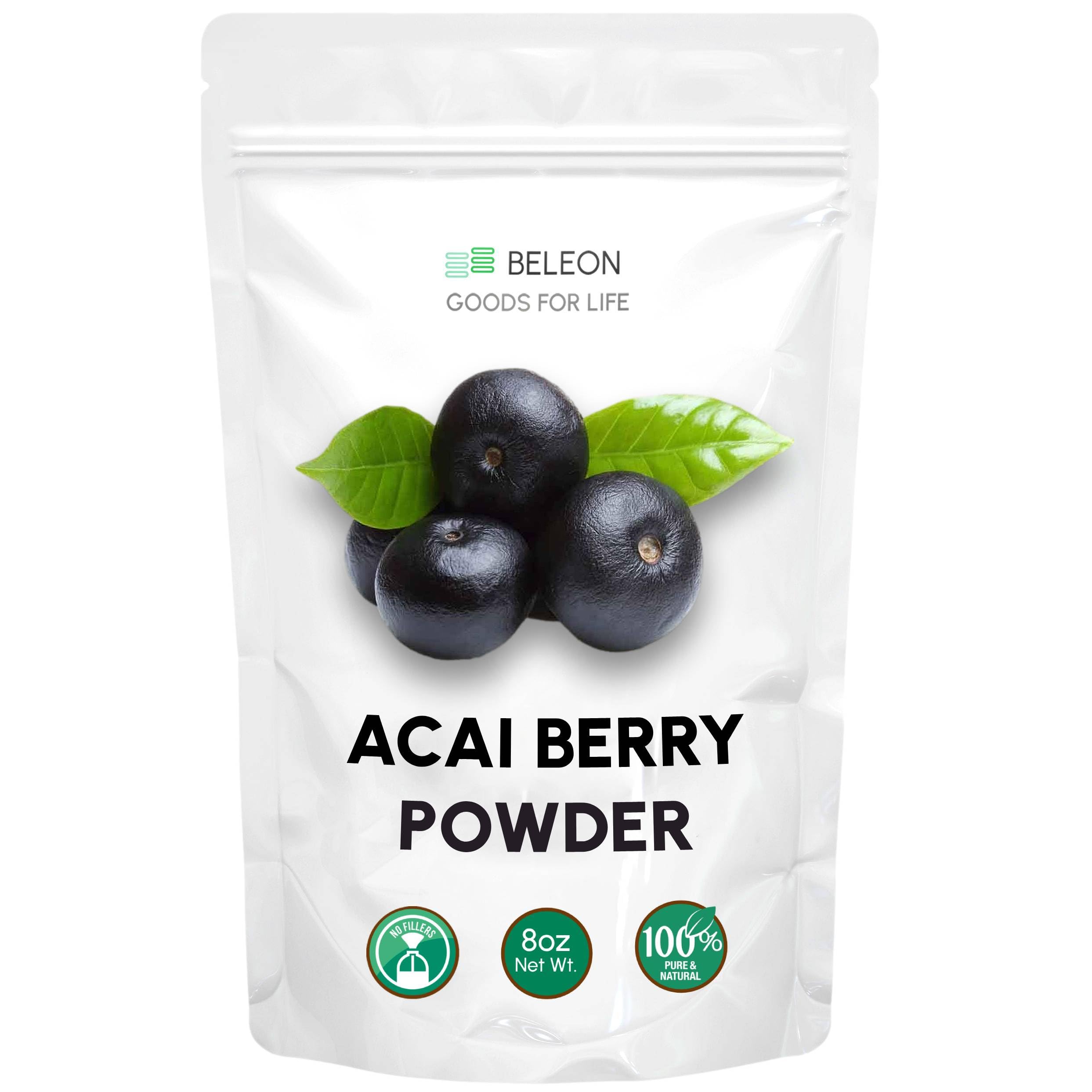 Beleon Goods For Life frente del envase de polvo de açaí, presentación atractiva