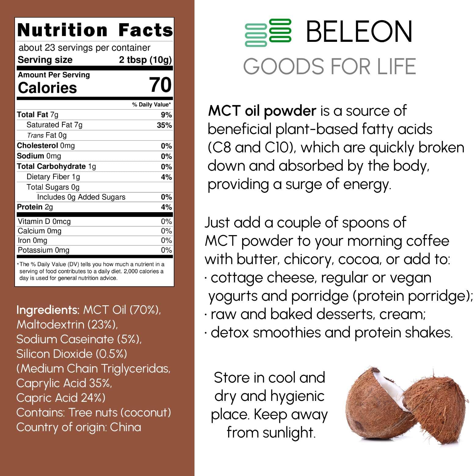 Beleon Goods For Life MCT disuelto en café cremoso, energía rápida y sabor neutro
