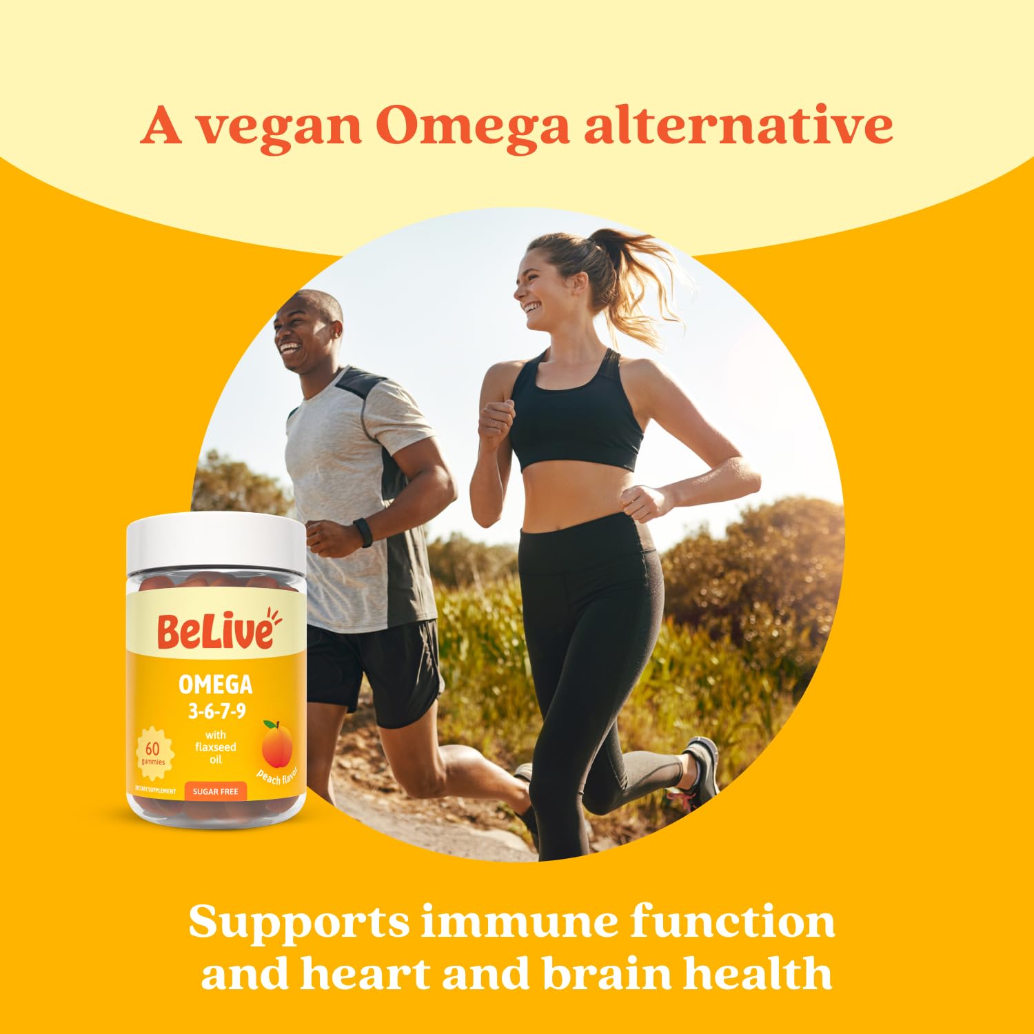 BeLive etiqueta con información nutricional clara y beneficios de omegas