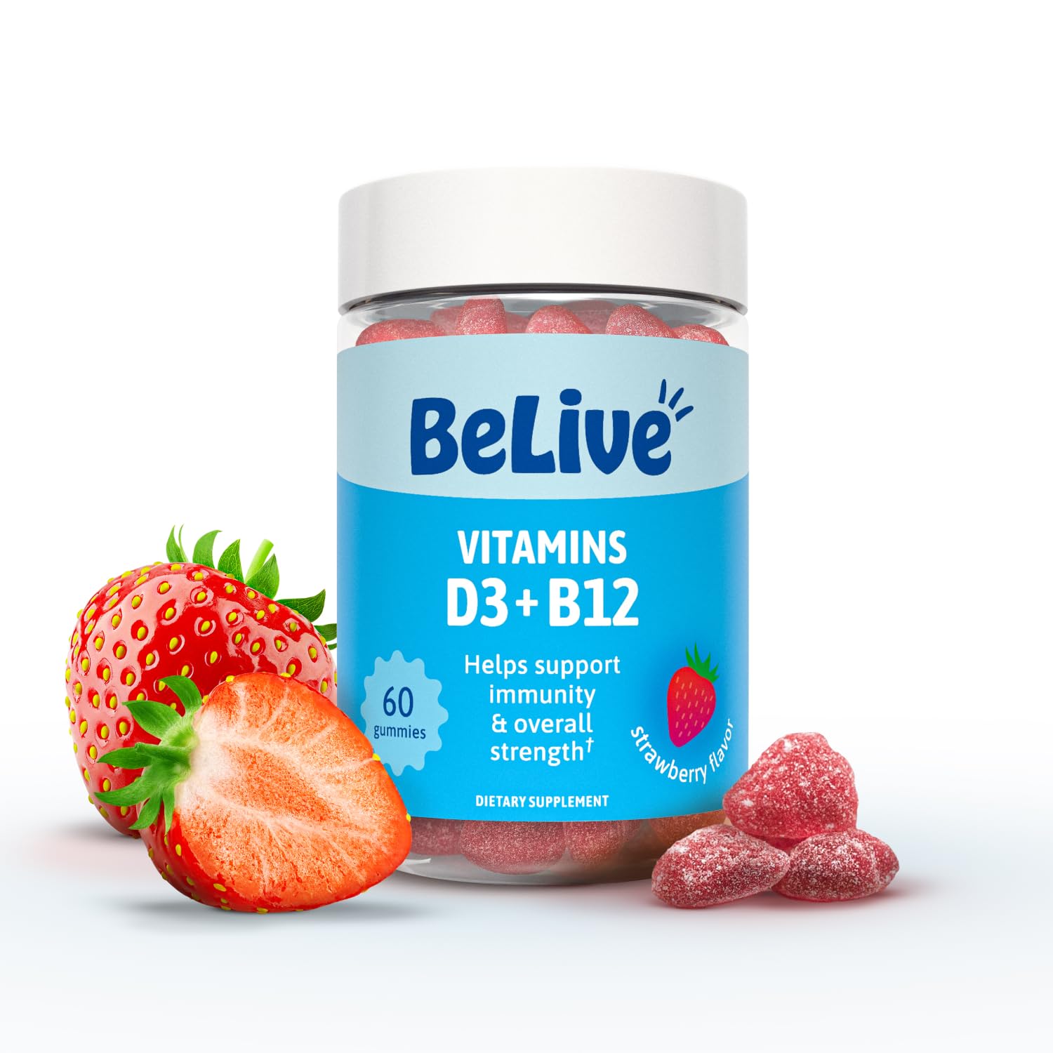 BeLive empaque frontal de las gomitas D3 y B12 mostrando tamaño y marca