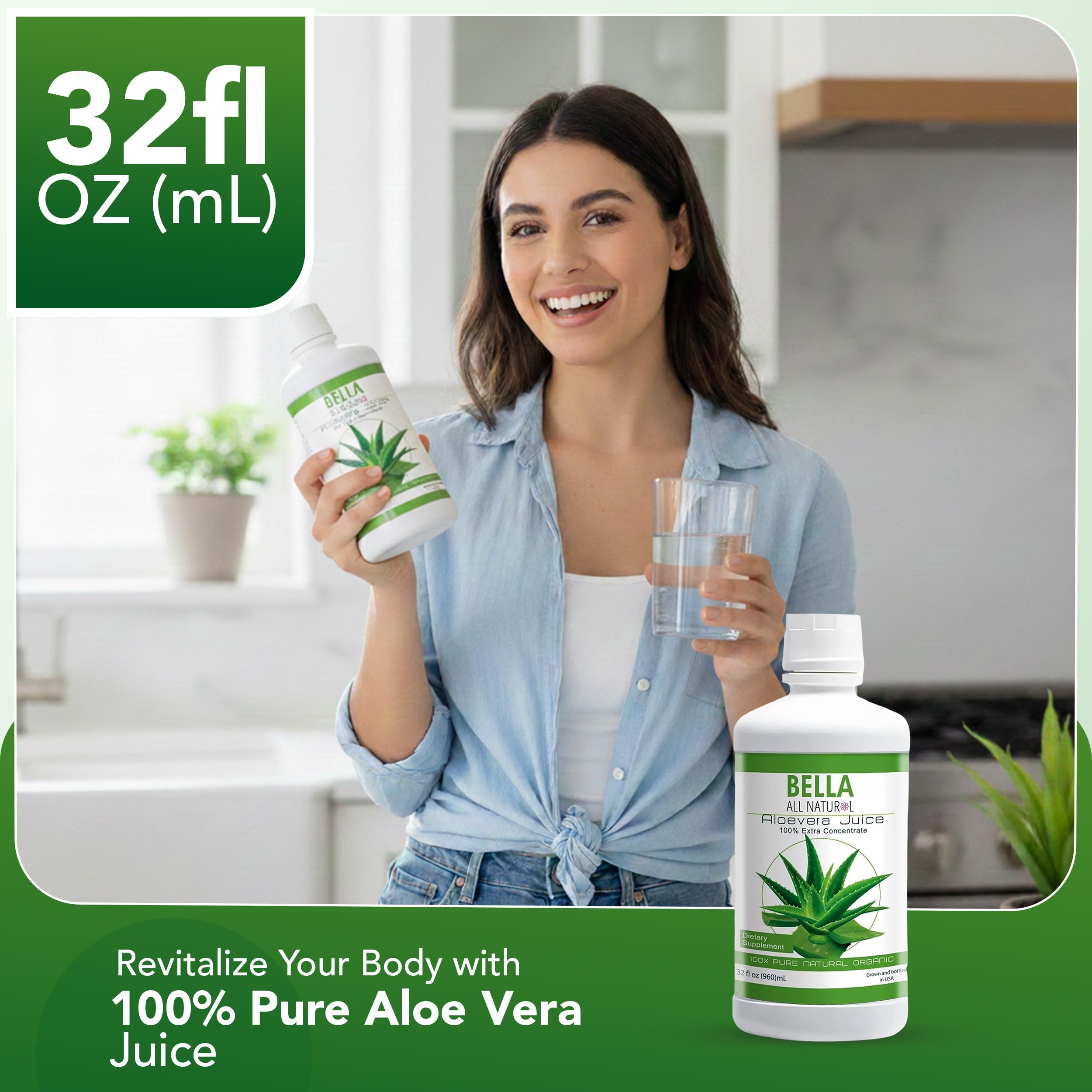 Bella All Natural comparación de tamaño para visualizar 32 fl oz práctico
