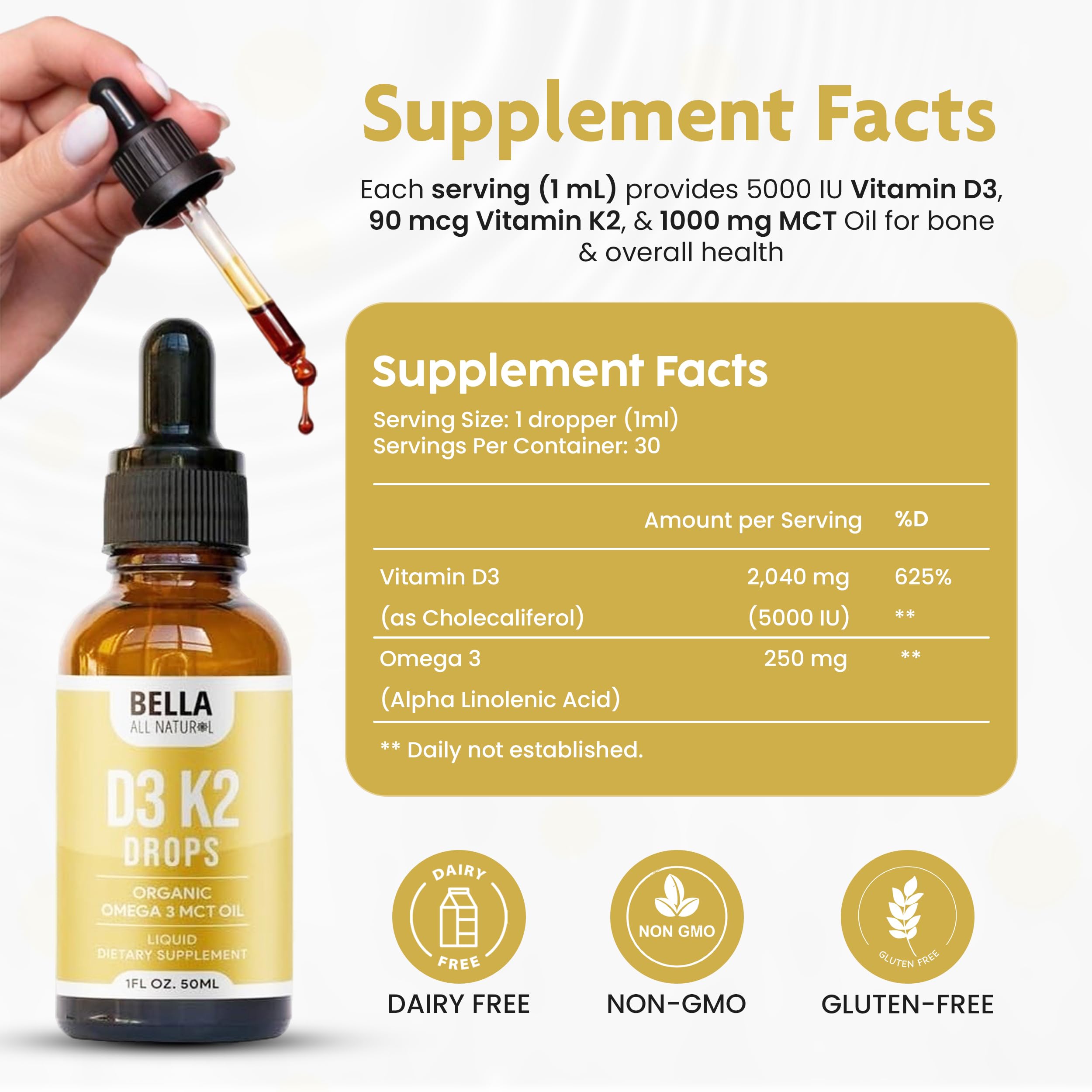 Bella All Natural etiqueta con información de D3 K2 y dosis visible para confianza