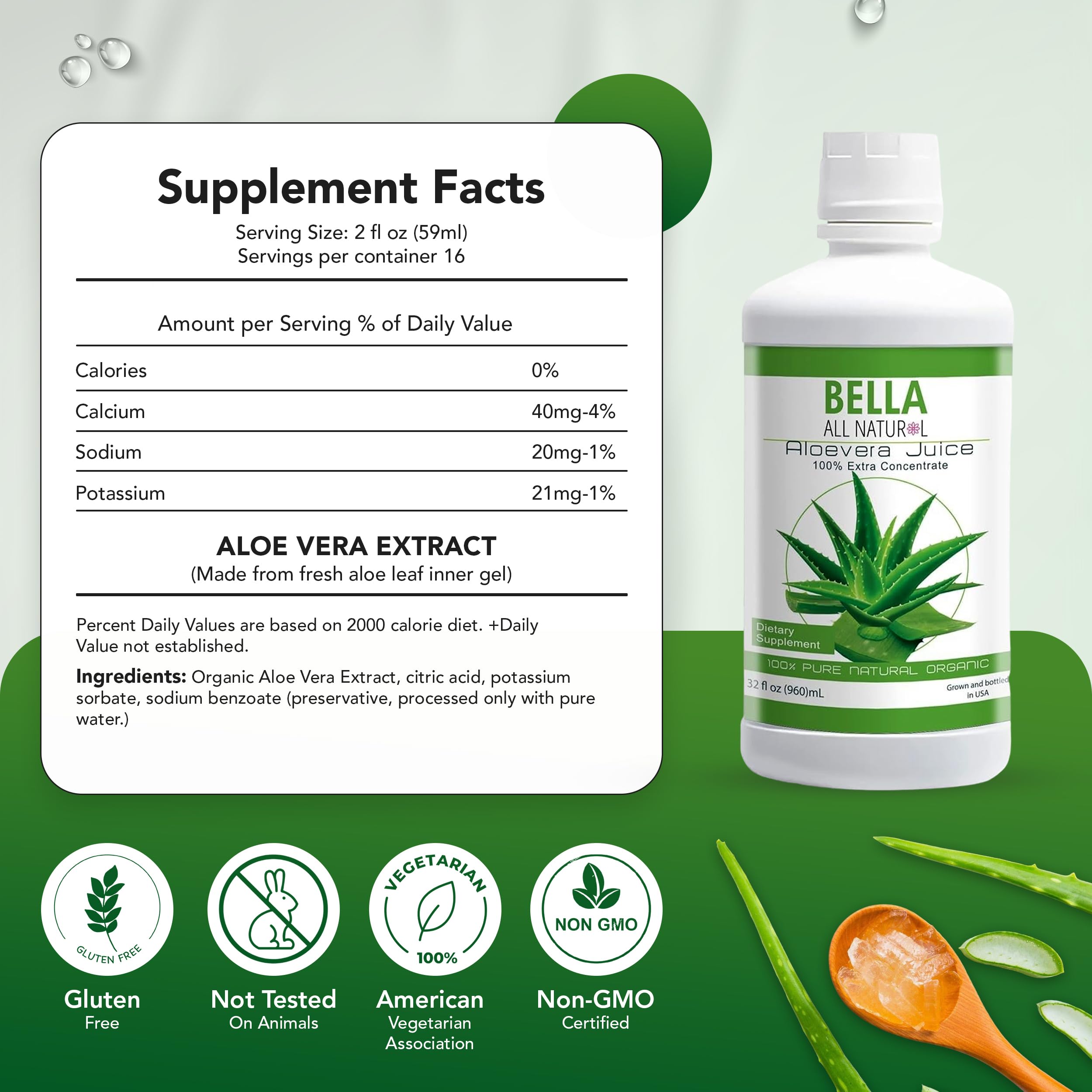 Bella All Natural textura del jugo de aloe destacando pureza y color natural