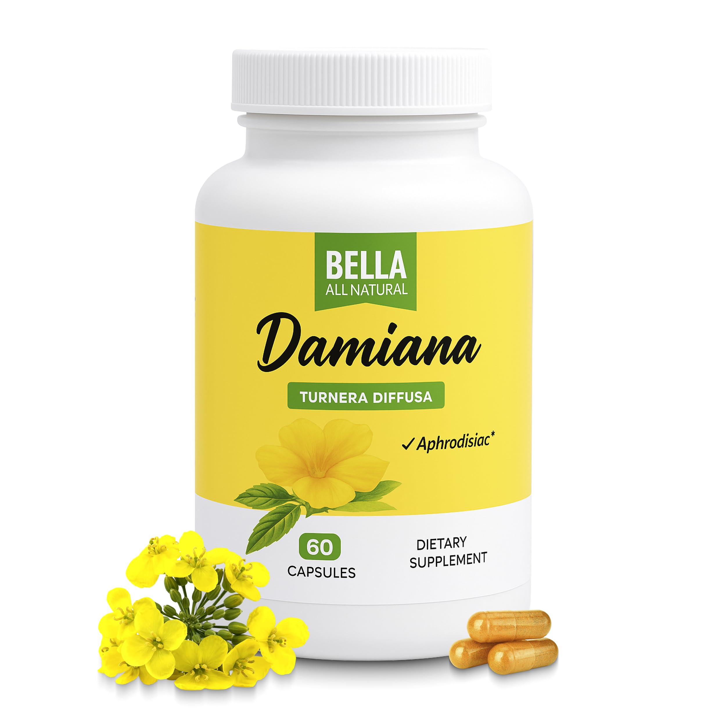 Bella All Natural frasco delante mostrando etiqueta y 60 cápsulas, facilidad de uso