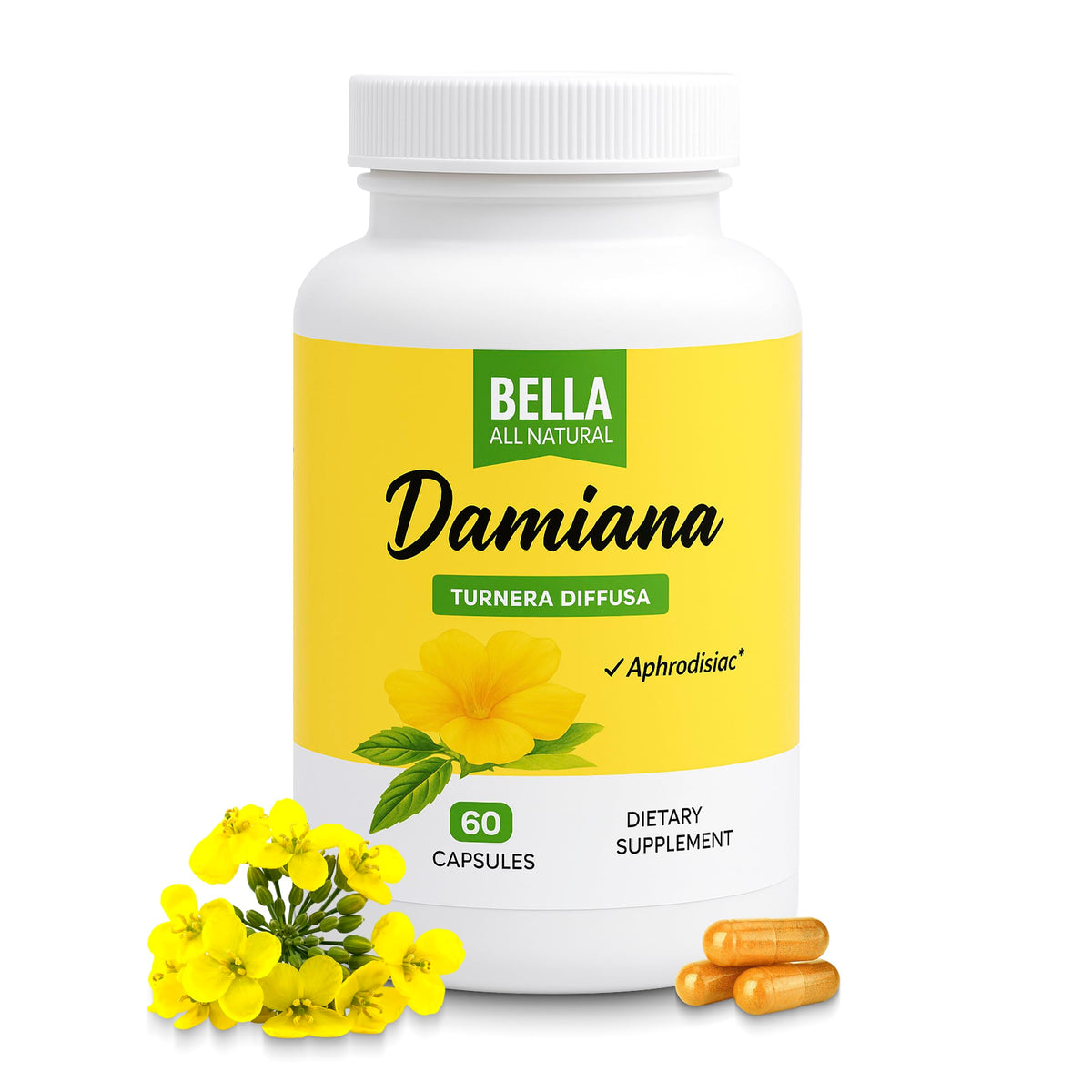 Bella All Natural frasco delante mostrando etiqueta y 60 cápsulas, facilidad de uso