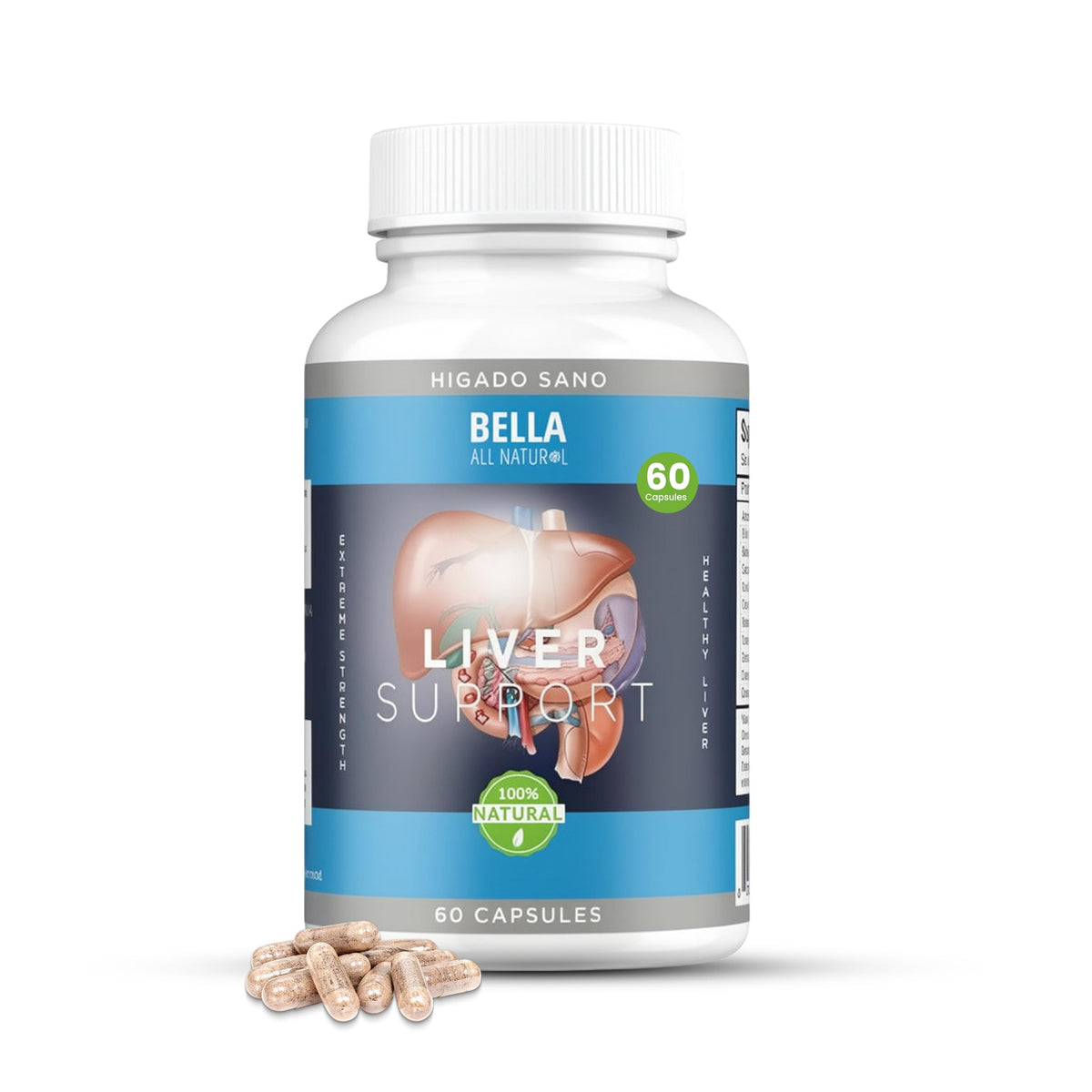 Bella All Natural frasco delantero mostrando diseño y beneficio de apoyo hepático