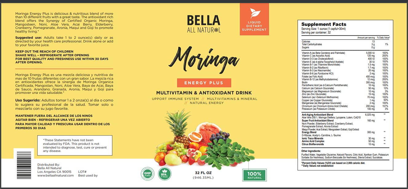 Bella All Natural frutillas y superfrutas junto a la botella para mostrar antioxidantes