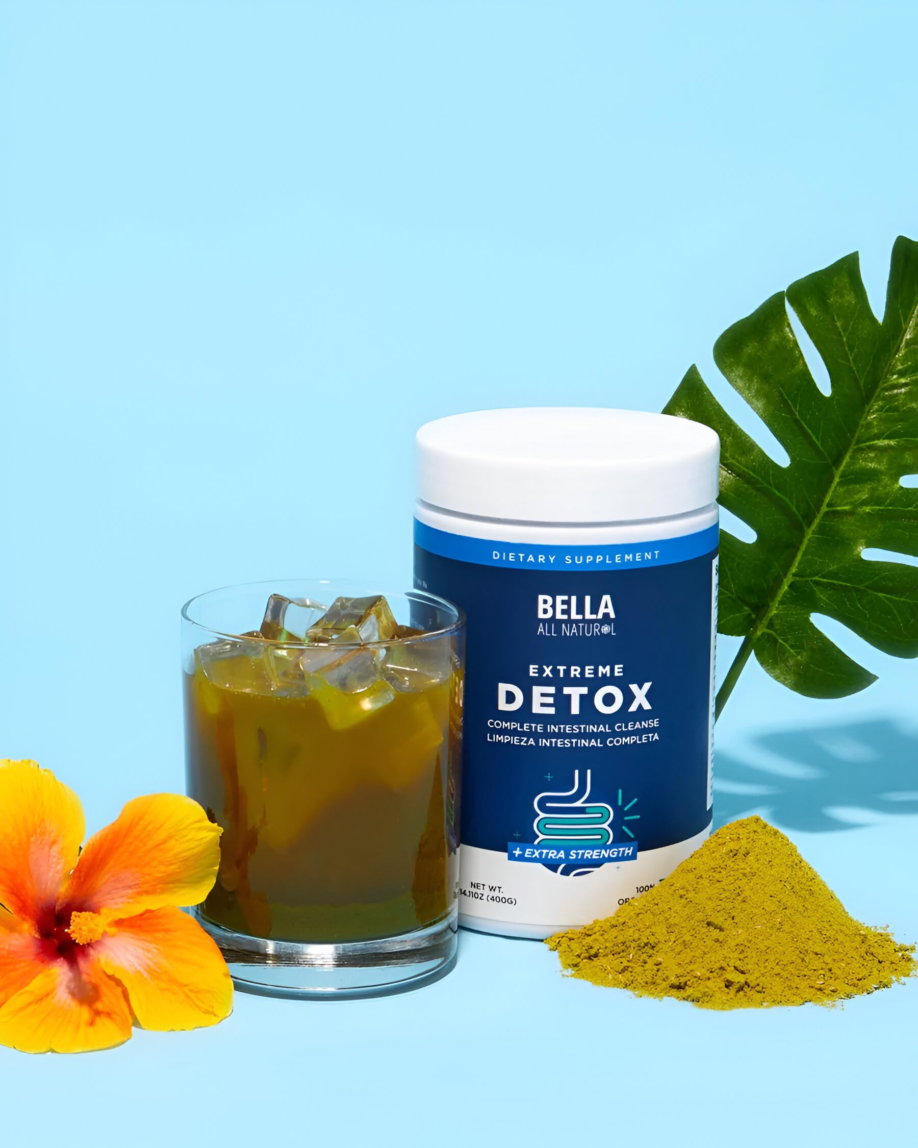Etiqueta del envase Bella All Natural mostrando ingredientes y beneficios para intestino