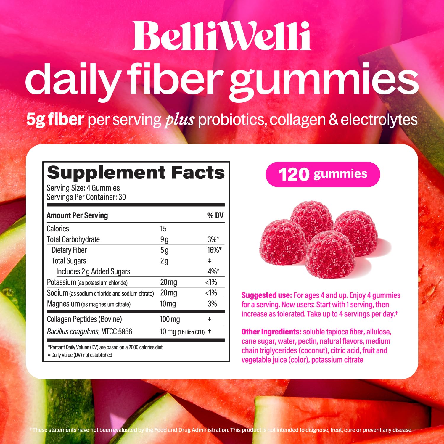 Primer plano de ingredientes Belli Welli que sugiere fibra, probióticos y colágeno