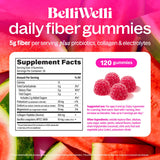 Primer plano de ingredientes Belli Welli que sugiere fibra, probióticos y colágeno
