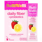 Belli Welli empaque frontal mostrando sobres y sabor fresa limón, práctico y portable