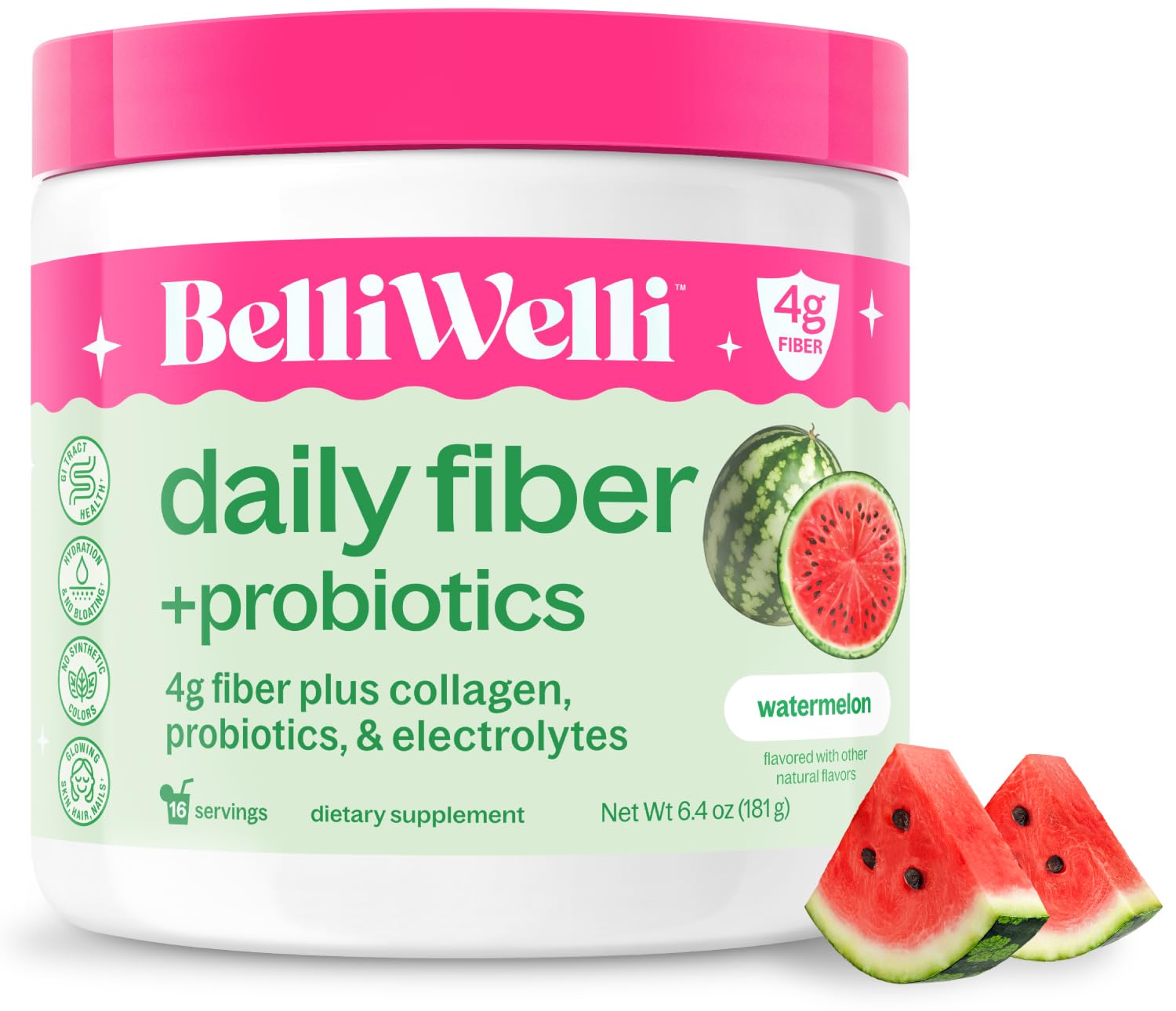 Belli Welli frasco frente mostrando diseño y sabor sandía, beneficios visuales