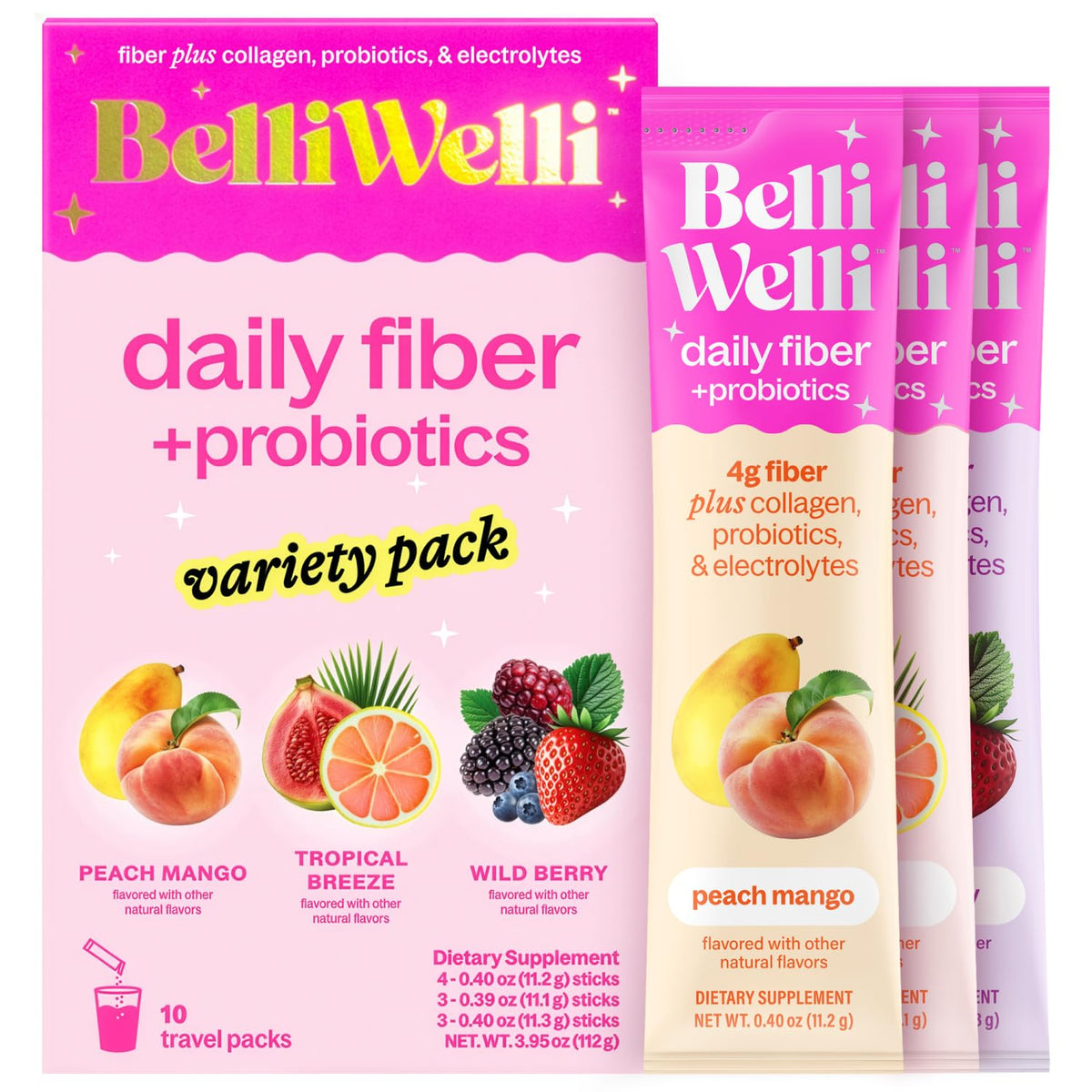 Belli Welli vista frontal del pack de 10 sobres, práctico para viaje