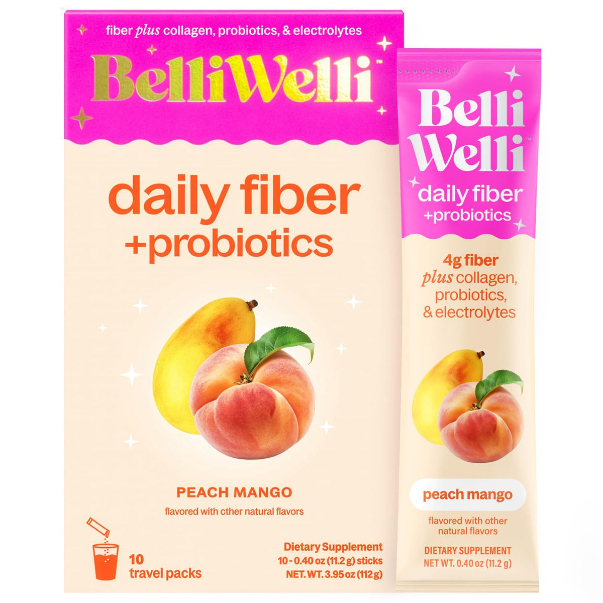 Belli Welli sobre frontal mostrando diseño y sabor Peach Mango, práctico para viaje