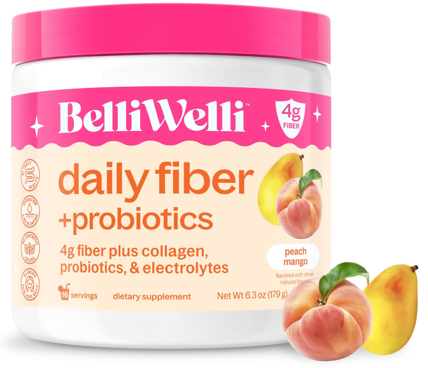 Belli Welli frente del envase mostrando sabor durazno mango y beneficios