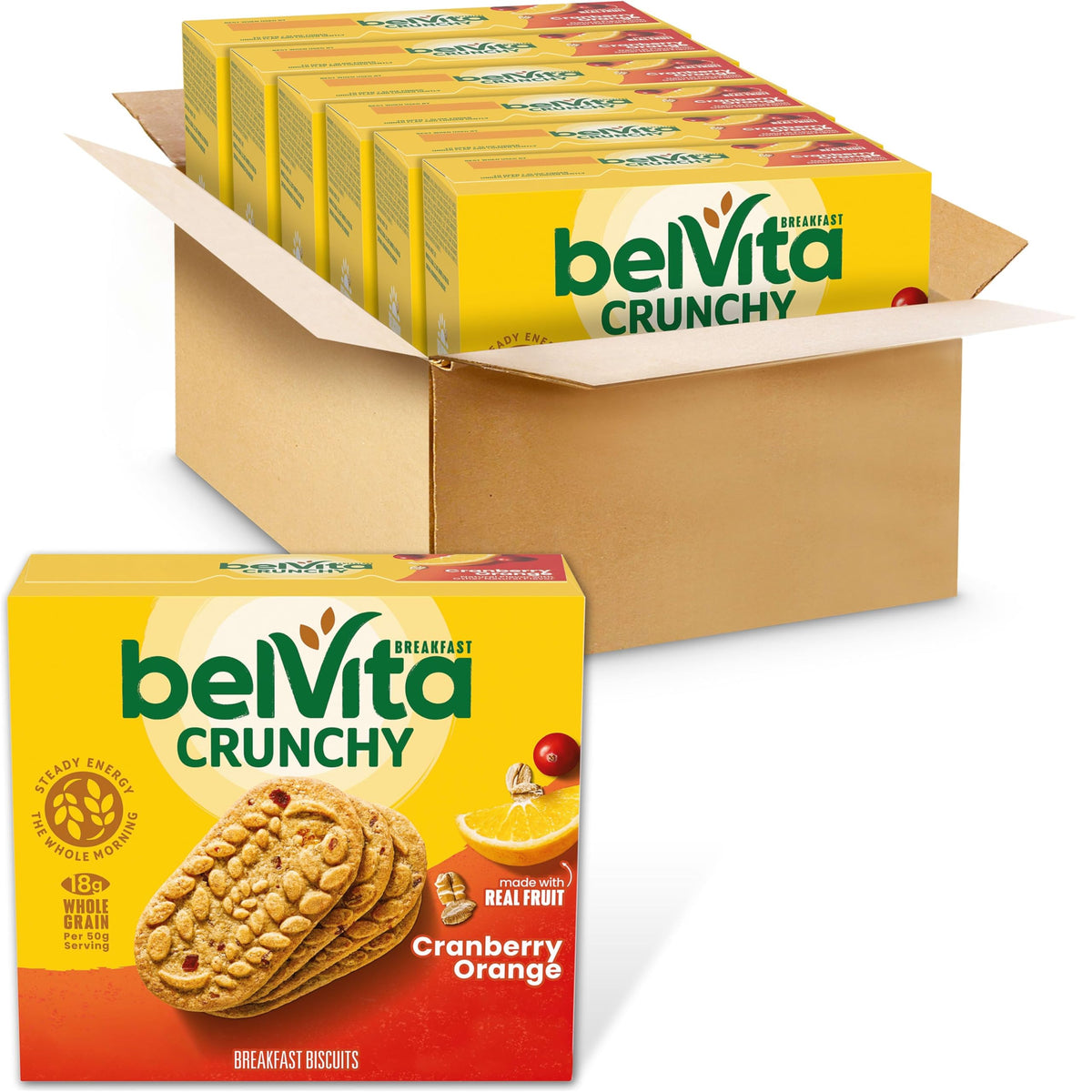 belVita paquete frontal mostrando sabor Cranberry Orange y conveniencia