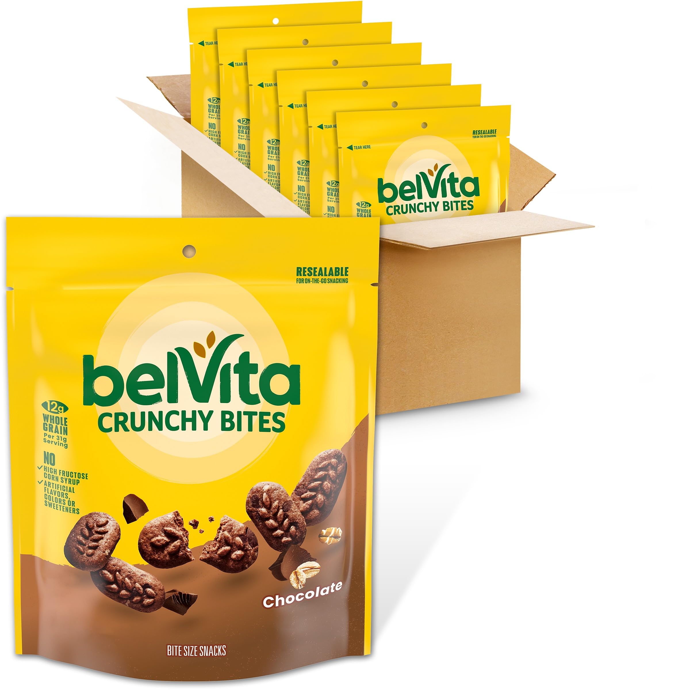belVita paquete frontal mostrando seis bolsas, comodidad para llevar