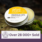Bene Pura Propolis envase junto a moneda para comparar tamaño portátil