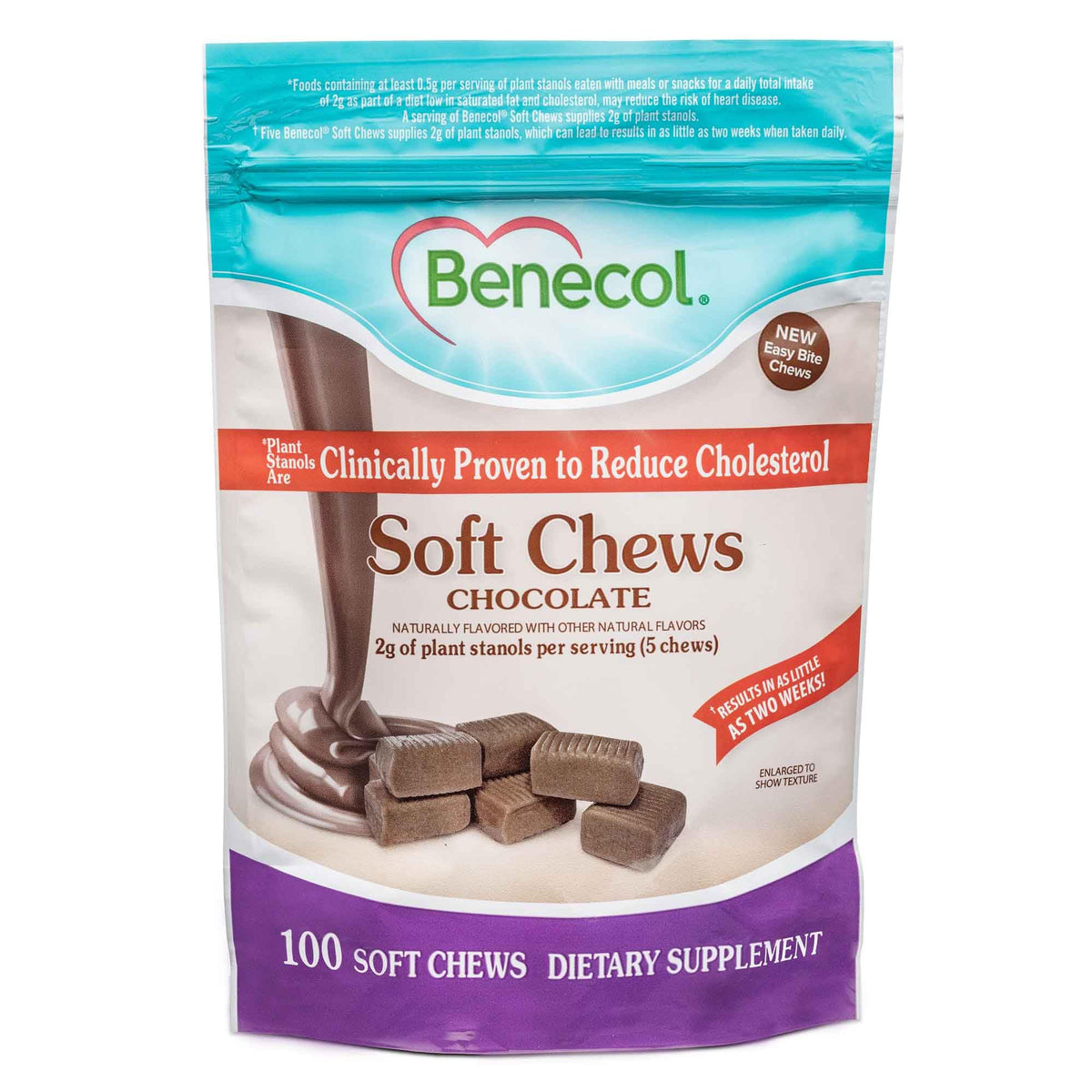 Benecol empaque frontal mostrando bolsa de 100 unidades y chocolate
