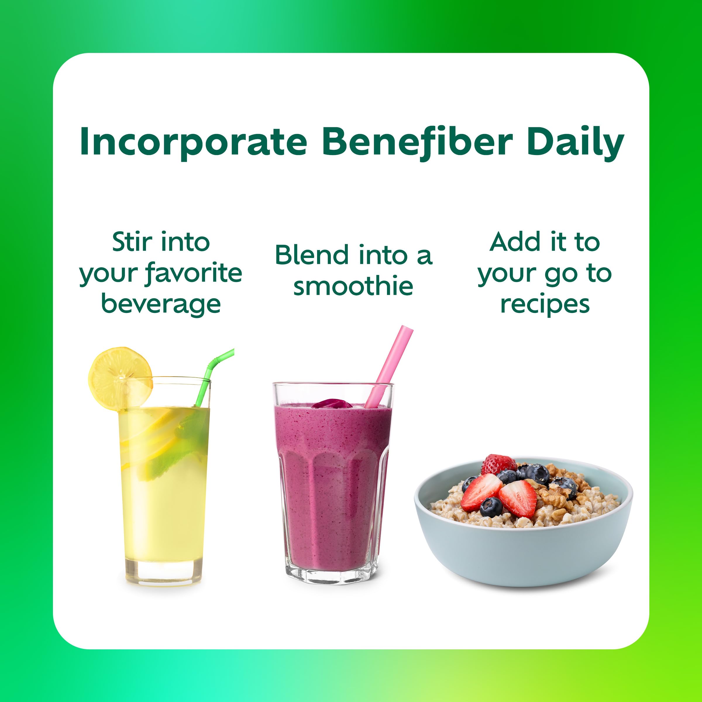 Benefiber comparación de tamaño con mano, envase portátil y práctico