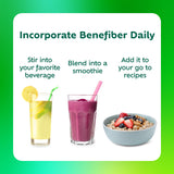 Benefiber comparación de tamaño con mano, envase portátil y práctico