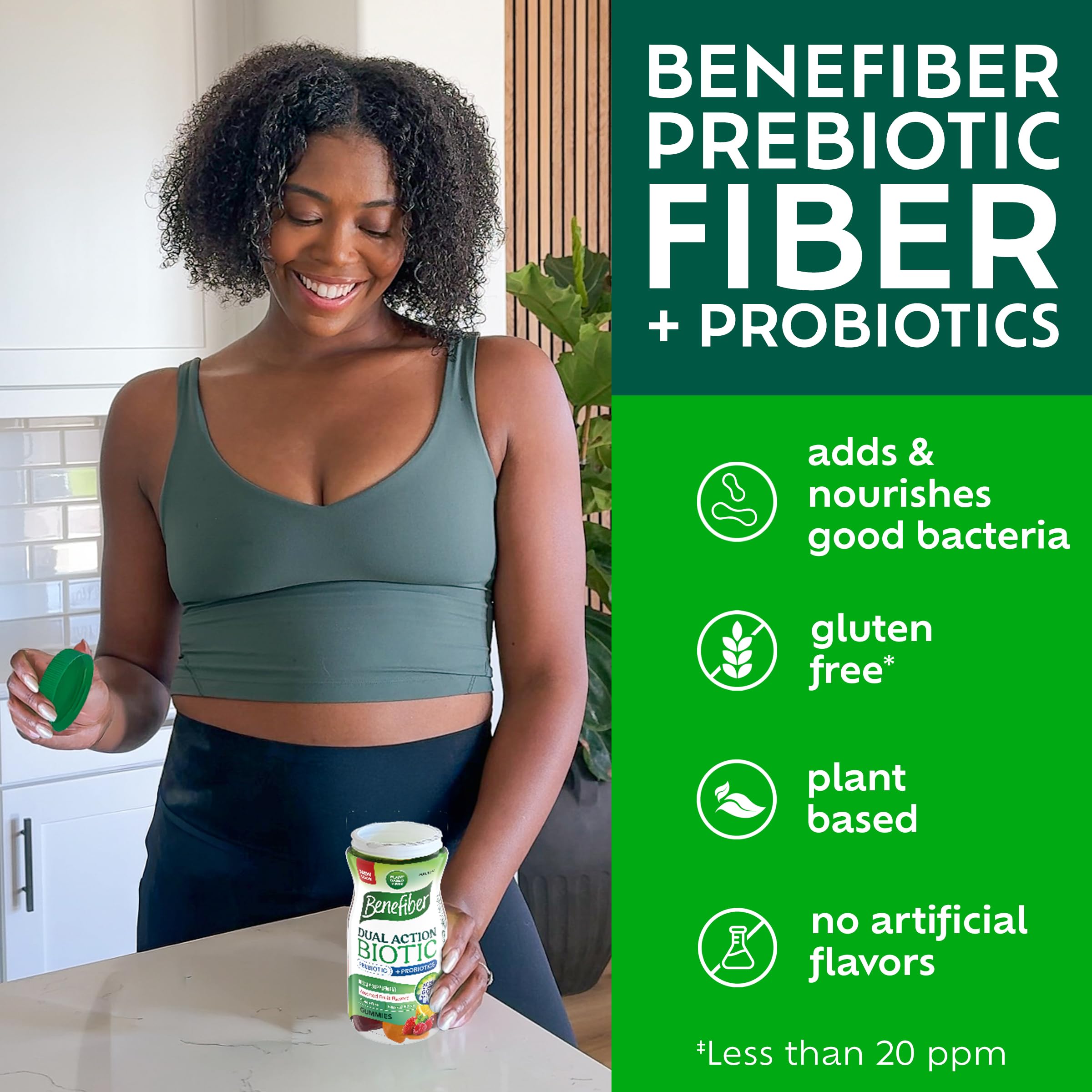 Comparación de tamaño de gomita Benefiber junto a moneda para referencia