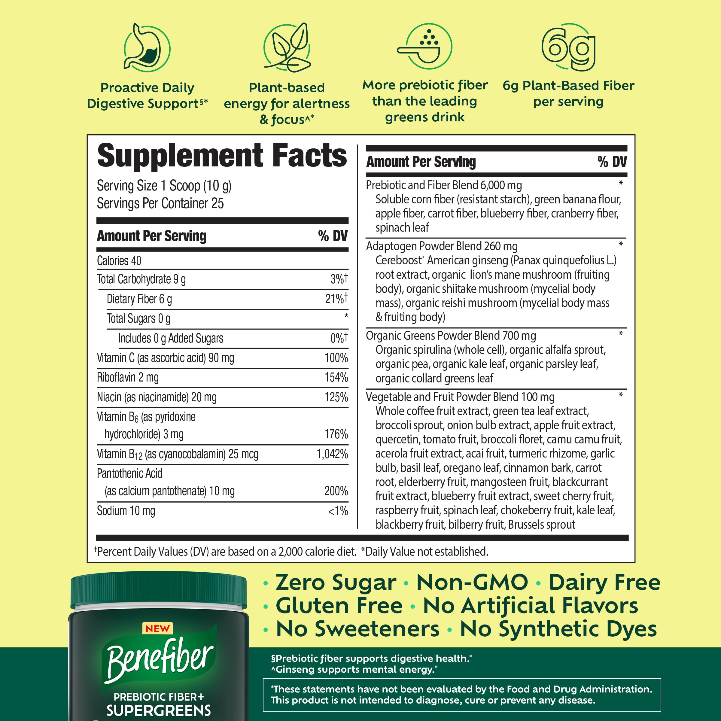Benefiber detalle de ingredientes supergreens resaltando origen vegetal y nutrientes
