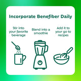 Benefiber disuelto en vaso de agua claro, mezcla sin grumos ni sabor