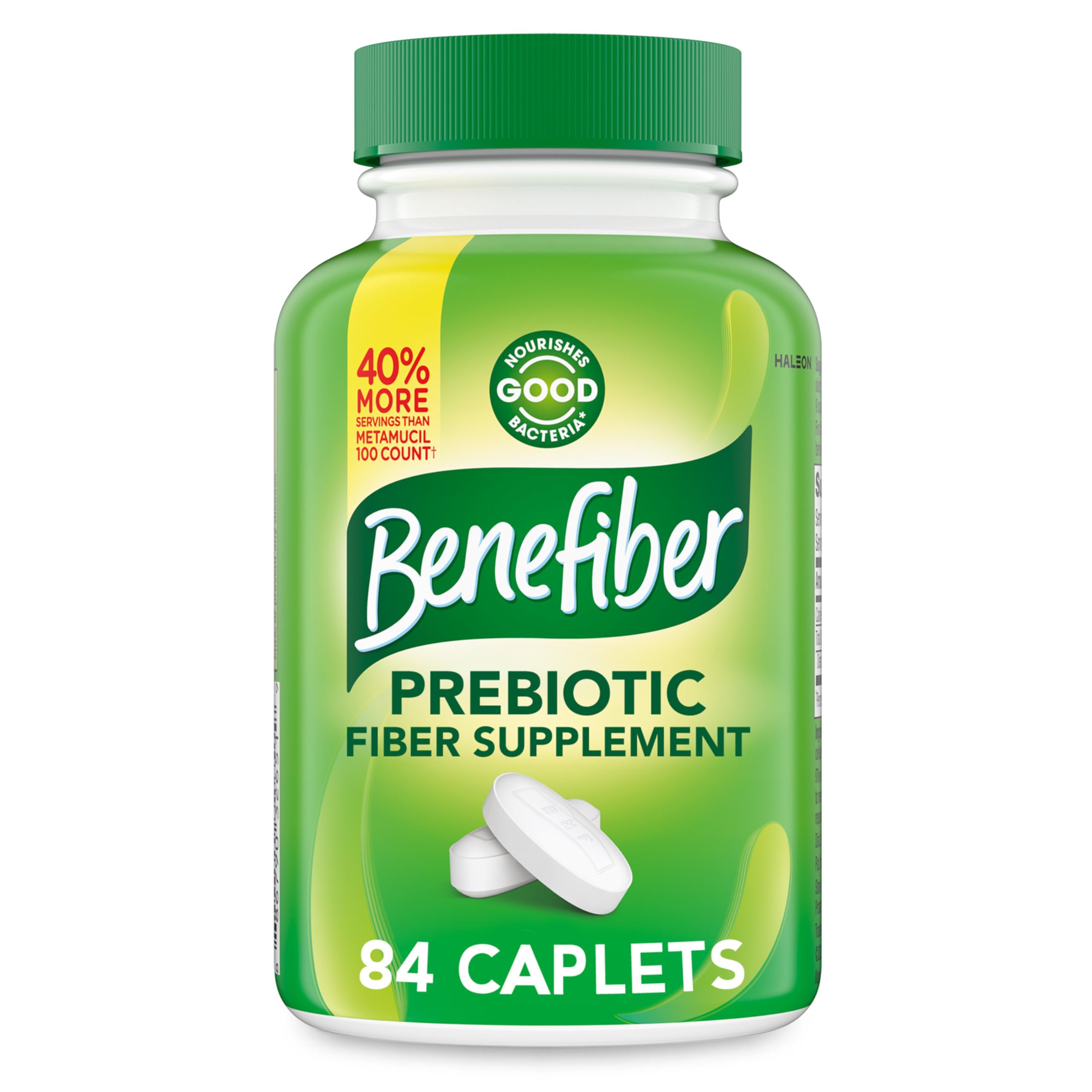 Benefiber frasco frontal mostrando la presentación de 84 caplets y conveniencia