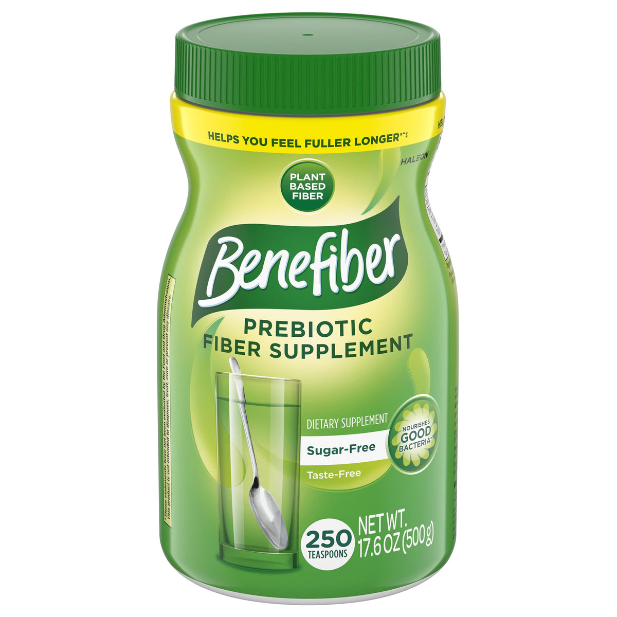 Benefiber frente del envase mostrando tamaño y diseño, apoyo claro a la fibra