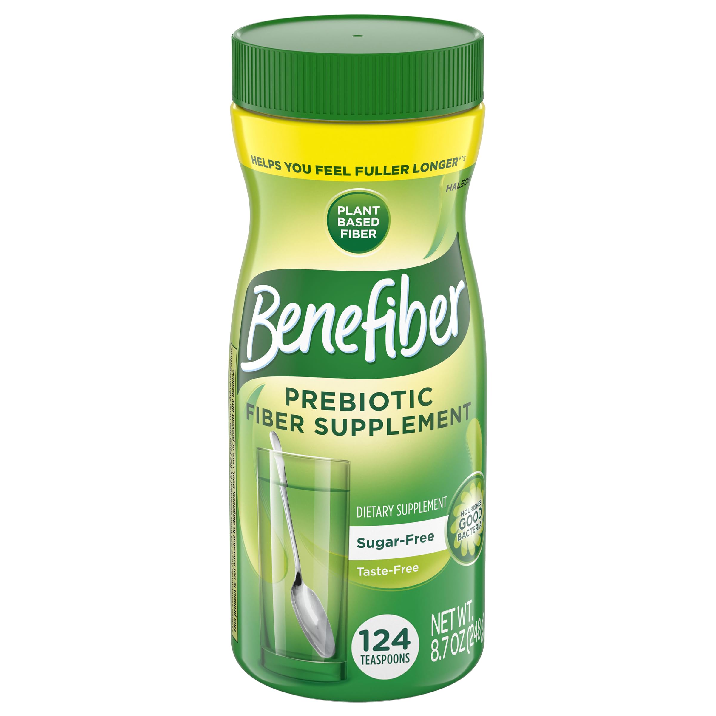 Benefiber frontal del envase mostrando cantidad y sin sabor, conveniencia diaria
