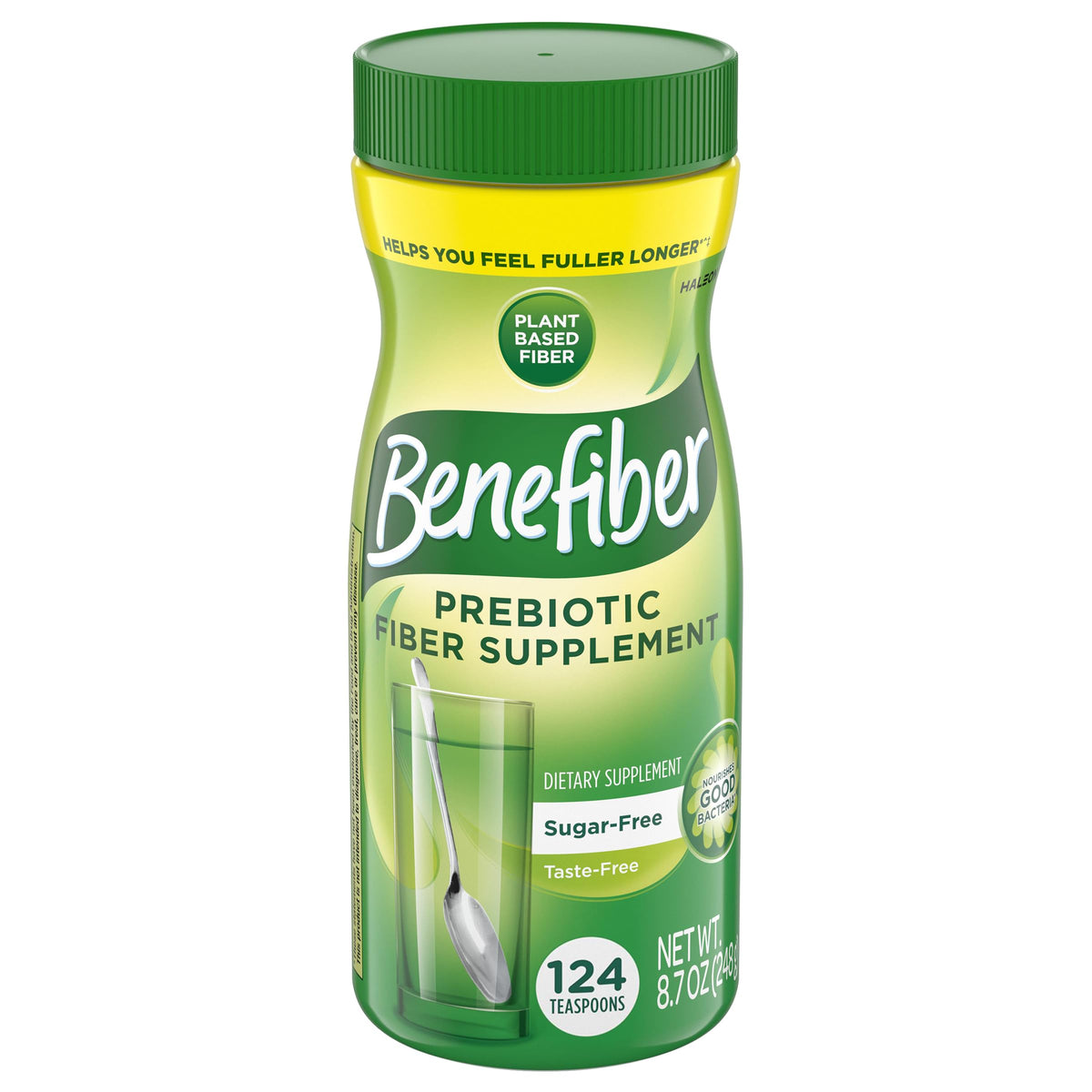 Benefiber frontal del envase mostrando cantidad y sin sabor, conveniencia diaria