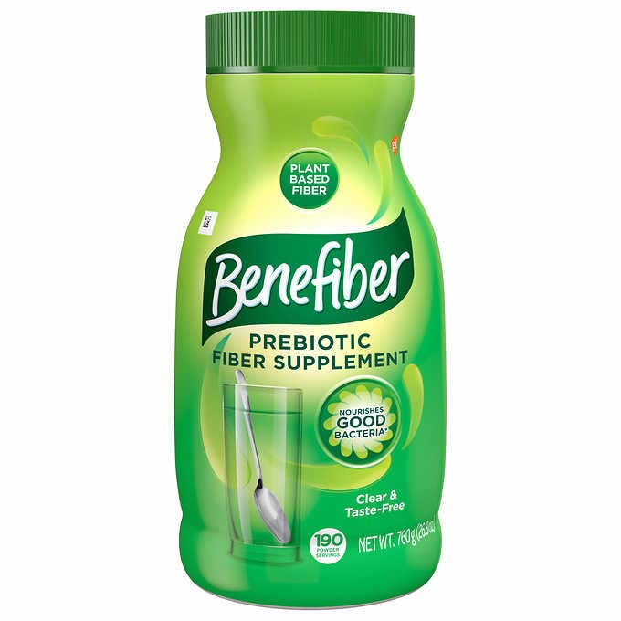 Benefiber envase frontal mostrando 190 porciones y almacenamiento conveniente