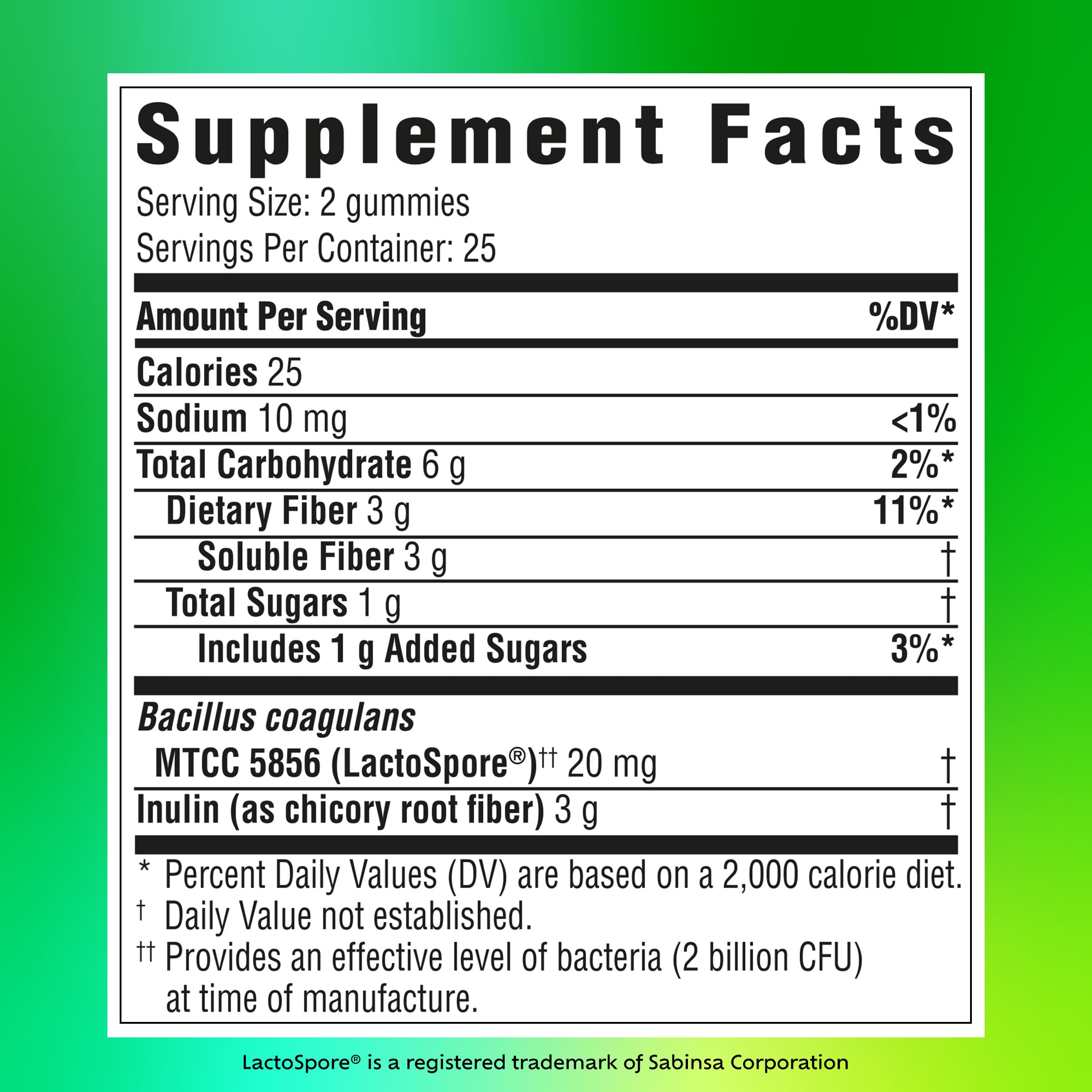 Lista de ingredientes Benefiber destacando inulina y Bacillus coagulans