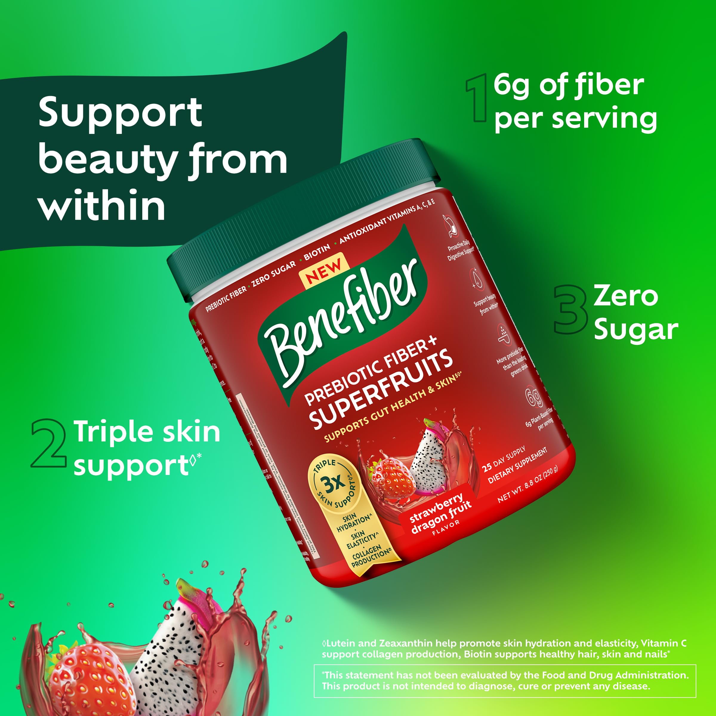 Benefiber ingredientes superfruits en primer plano, antioxidantes visibles