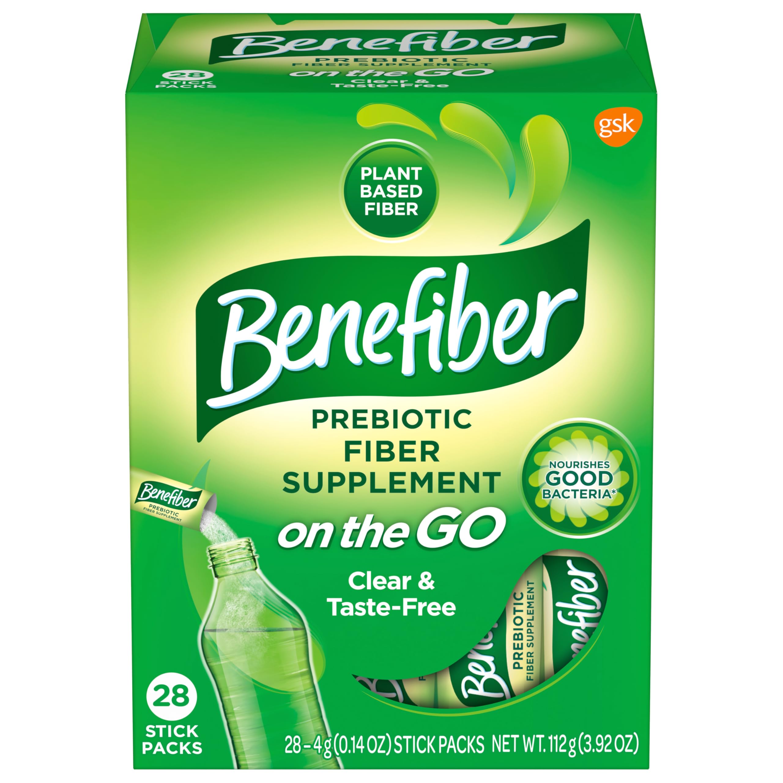 Benefiber on the Go frontal del paquete mostrando 28 sobres y conveniencia