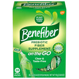 Benefiber on the Go frontal del paquete mostrando 28 sobres y conveniencia