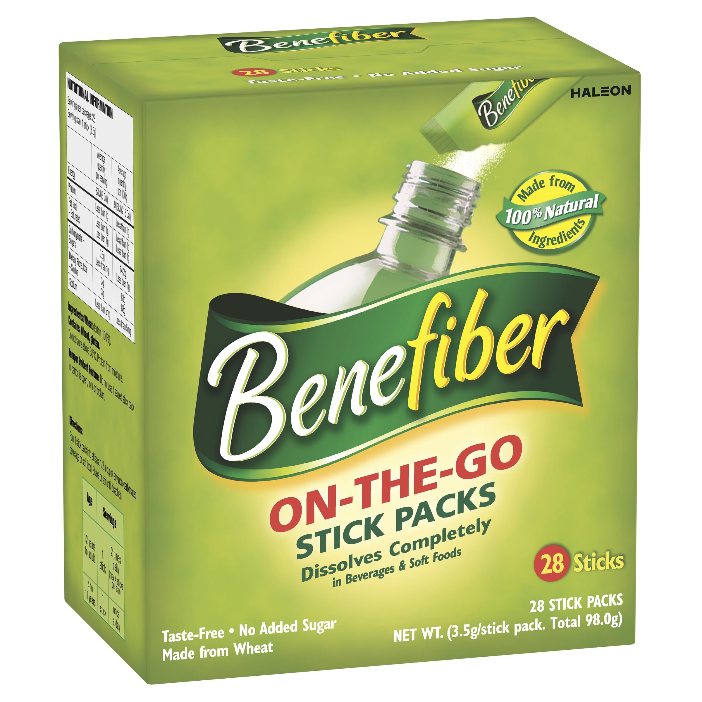 Benefiber pack frontal mostrando 28 sobres para conveniencia diaria