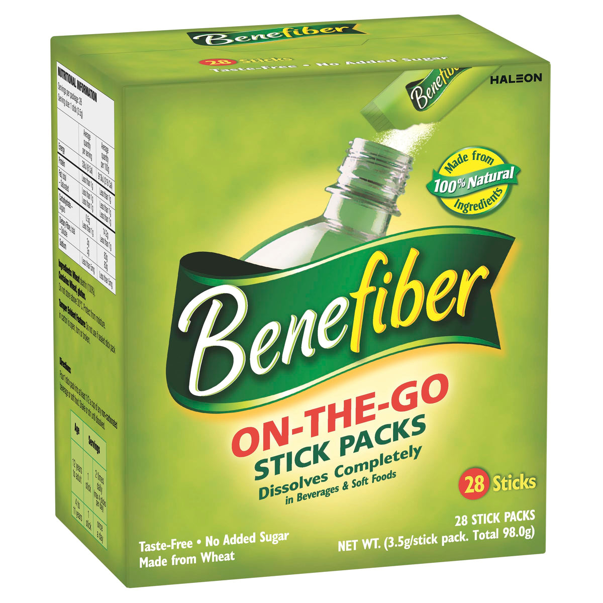 Benefiber pack frontal mostrando 28 sobres para conveniencia diaria