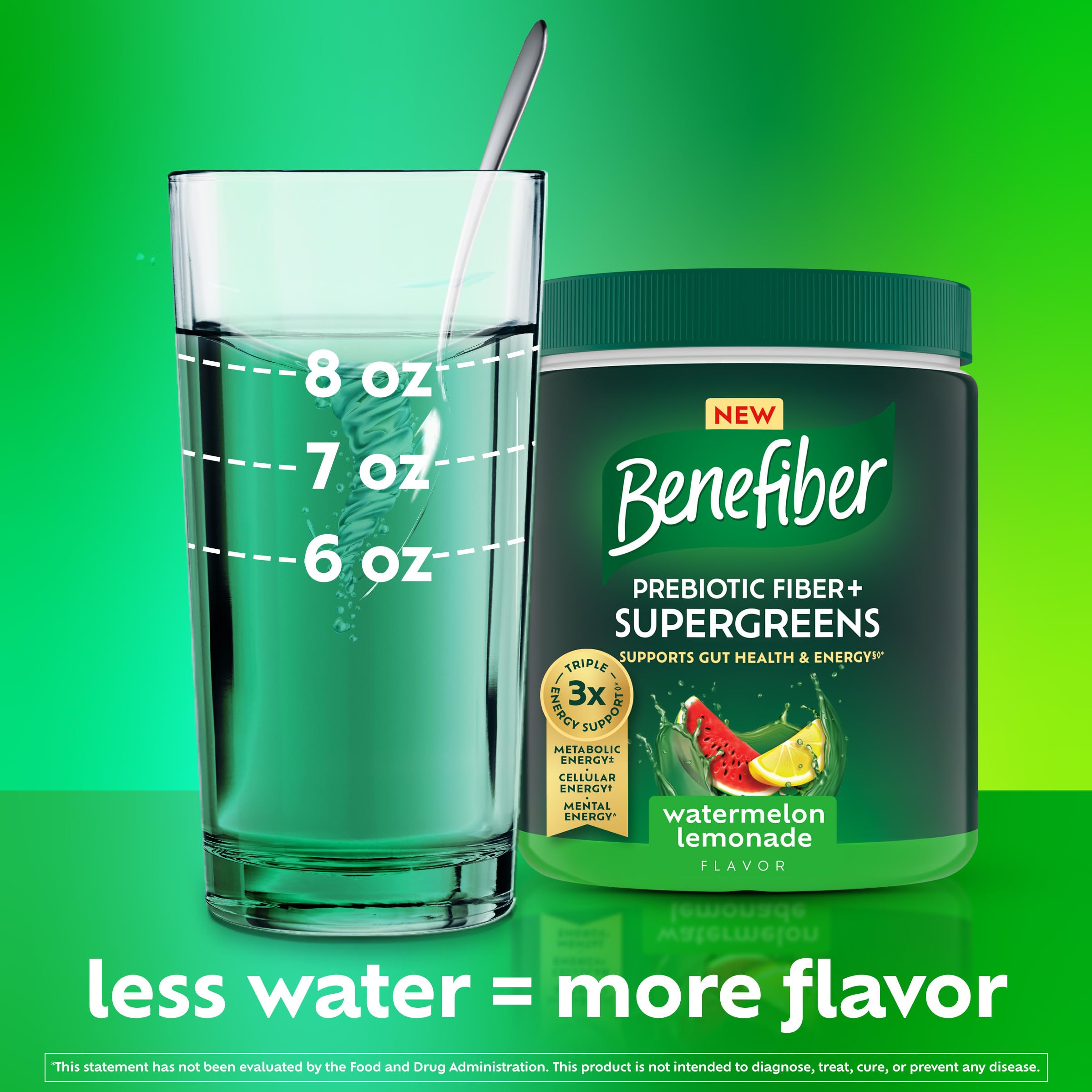 Benefiber vaso con polvo disuelto en agua fría demostrando disolución rápida y sabor