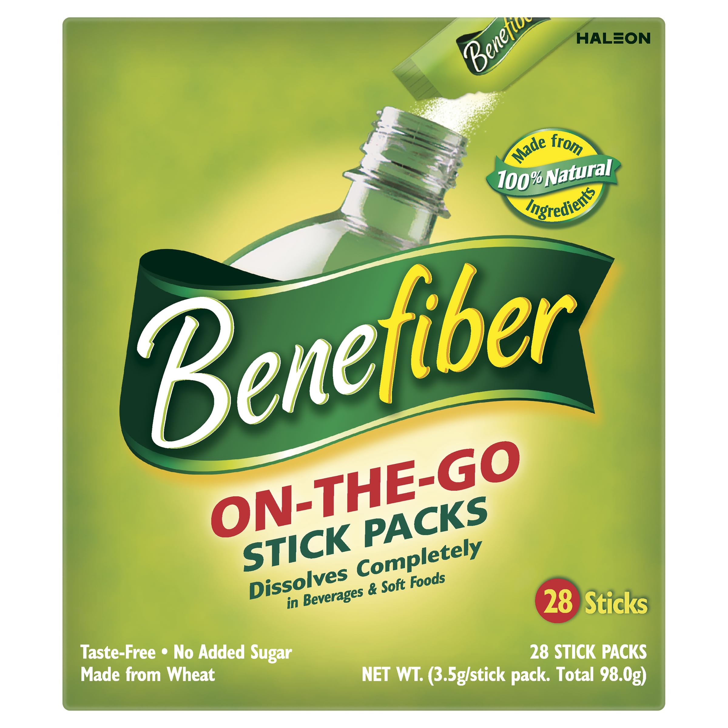 Benefiber sobre detalle abierto listo para mezclar con bebida