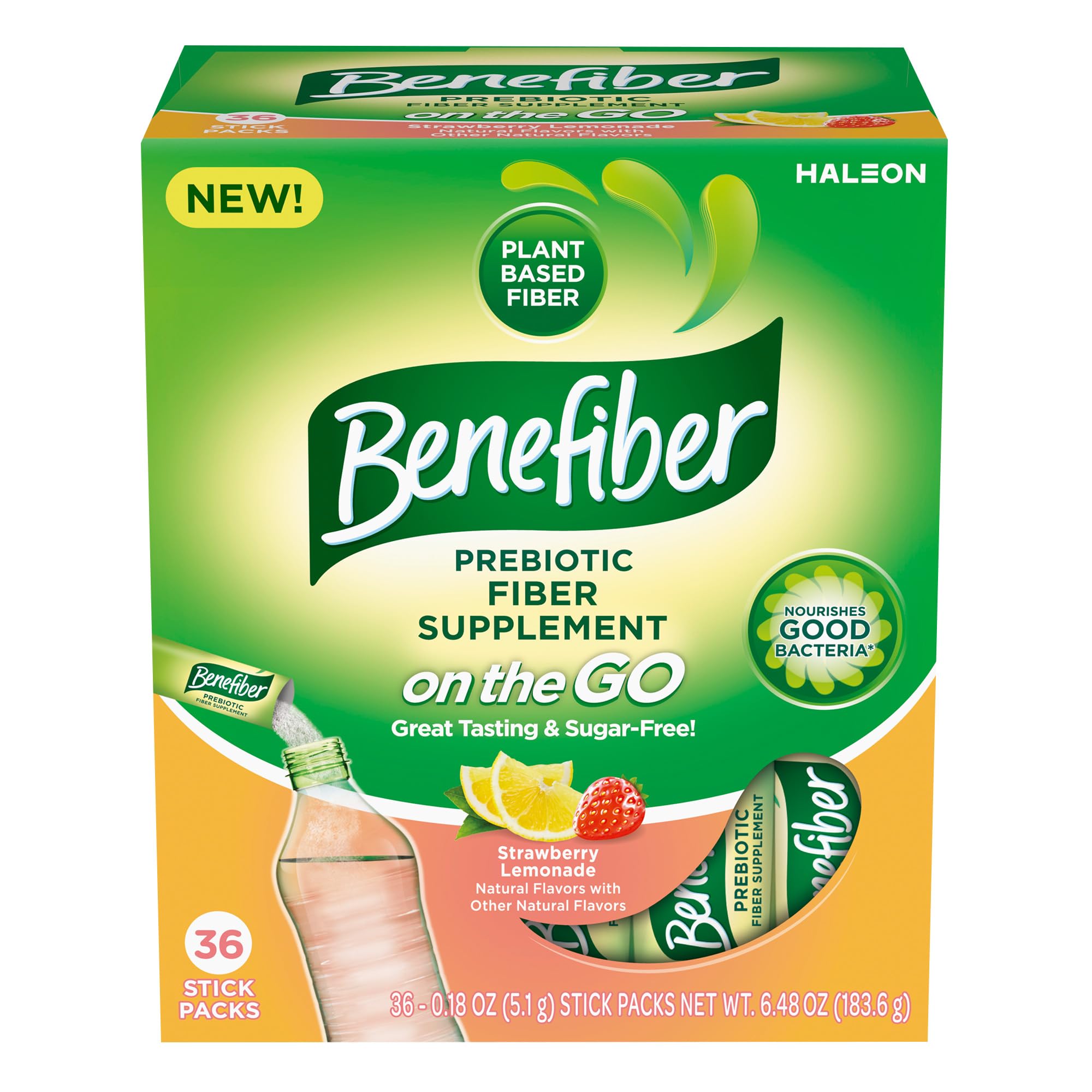 Benefiber sobre al frente mostrando diseño y sabor fresa limonada, práctico para llevar