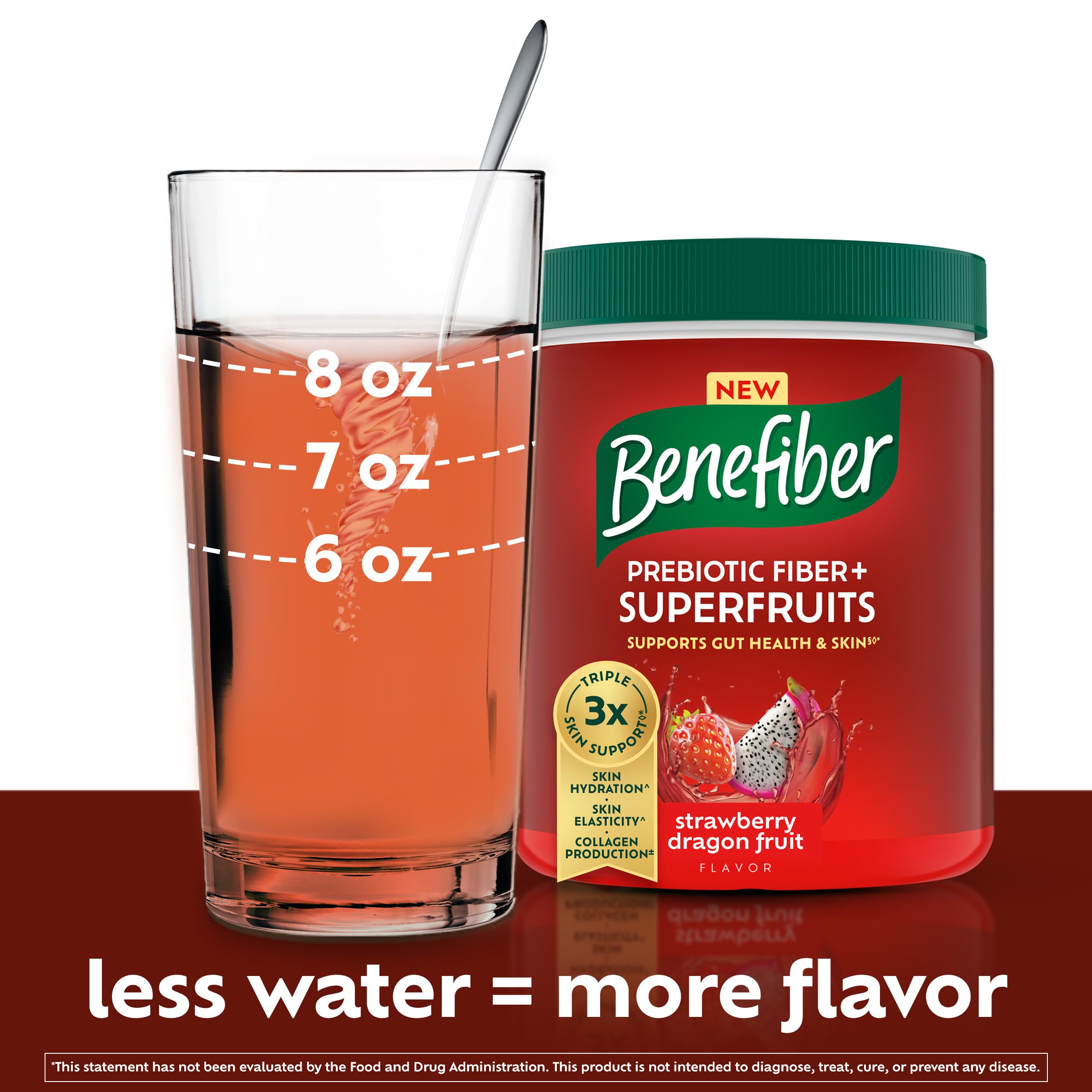 Benefiber vaso con bebida mezclada, sabor fresa pitahaya refrescante y sin azúcar