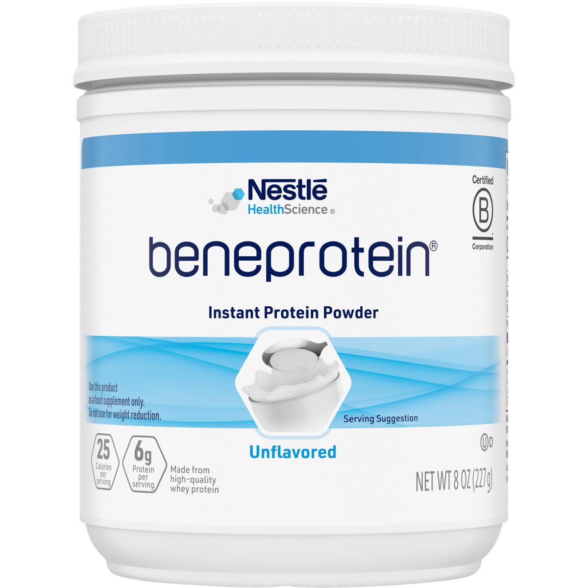 Beneprotein lata frontal mostrando etiqueta y beneficio de aporte proteico