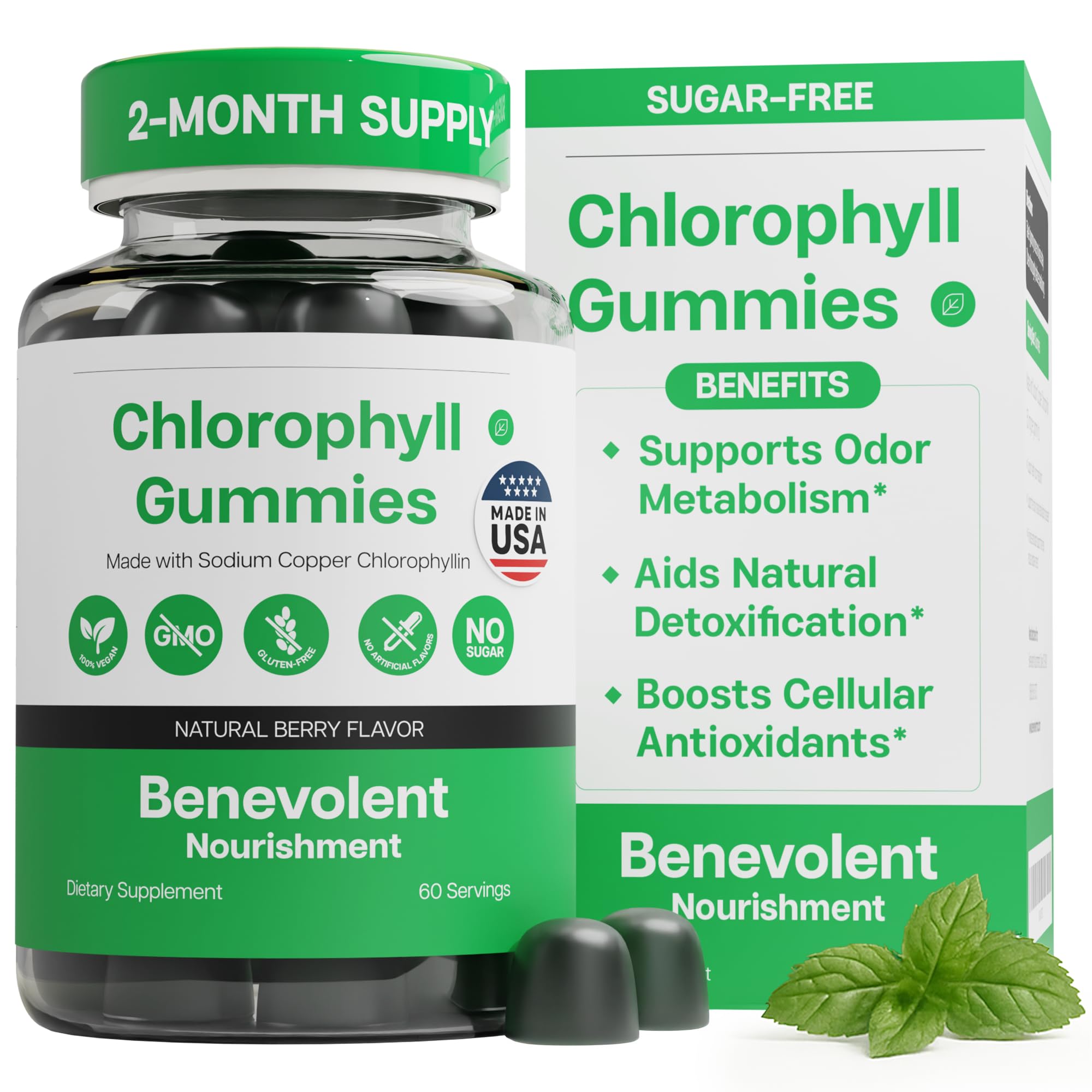Benevolent Nourishment envase frontal que muestra 60 gomitas veganas beneficio práctico