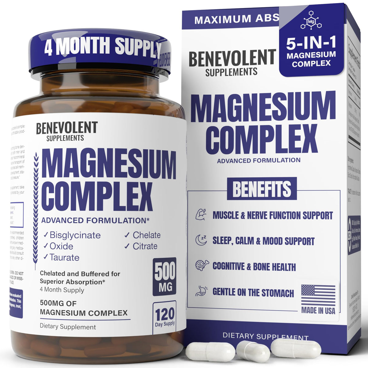 Benevolent Nourishment frasco frontal mostrando 120 cápsulas y diseño claro