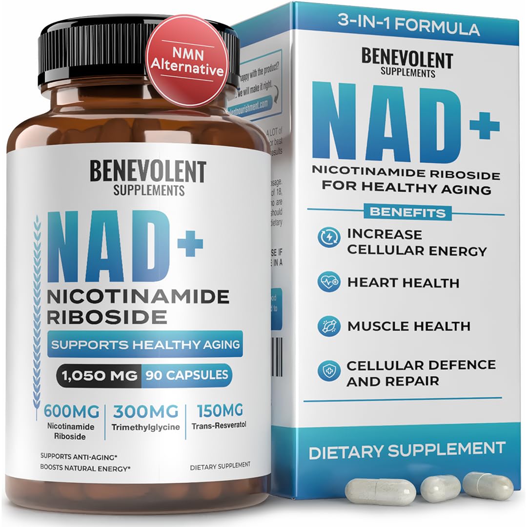 Benevolent etiqueta frontal resaltando fórmula de 1050 mg para energía