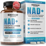 Benevolent etiqueta frontal resaltando fórmula de 1050 mg para energía