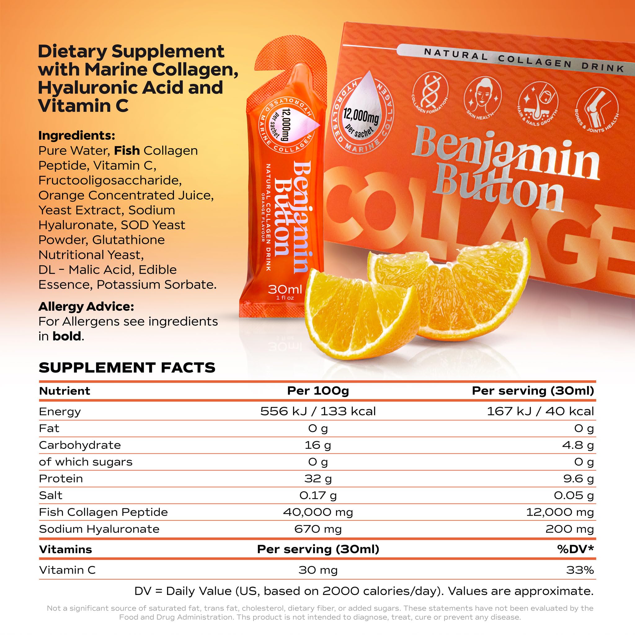 Benjamin Button en contexto lifestyle con fruta que sugiere sabor naranja natural