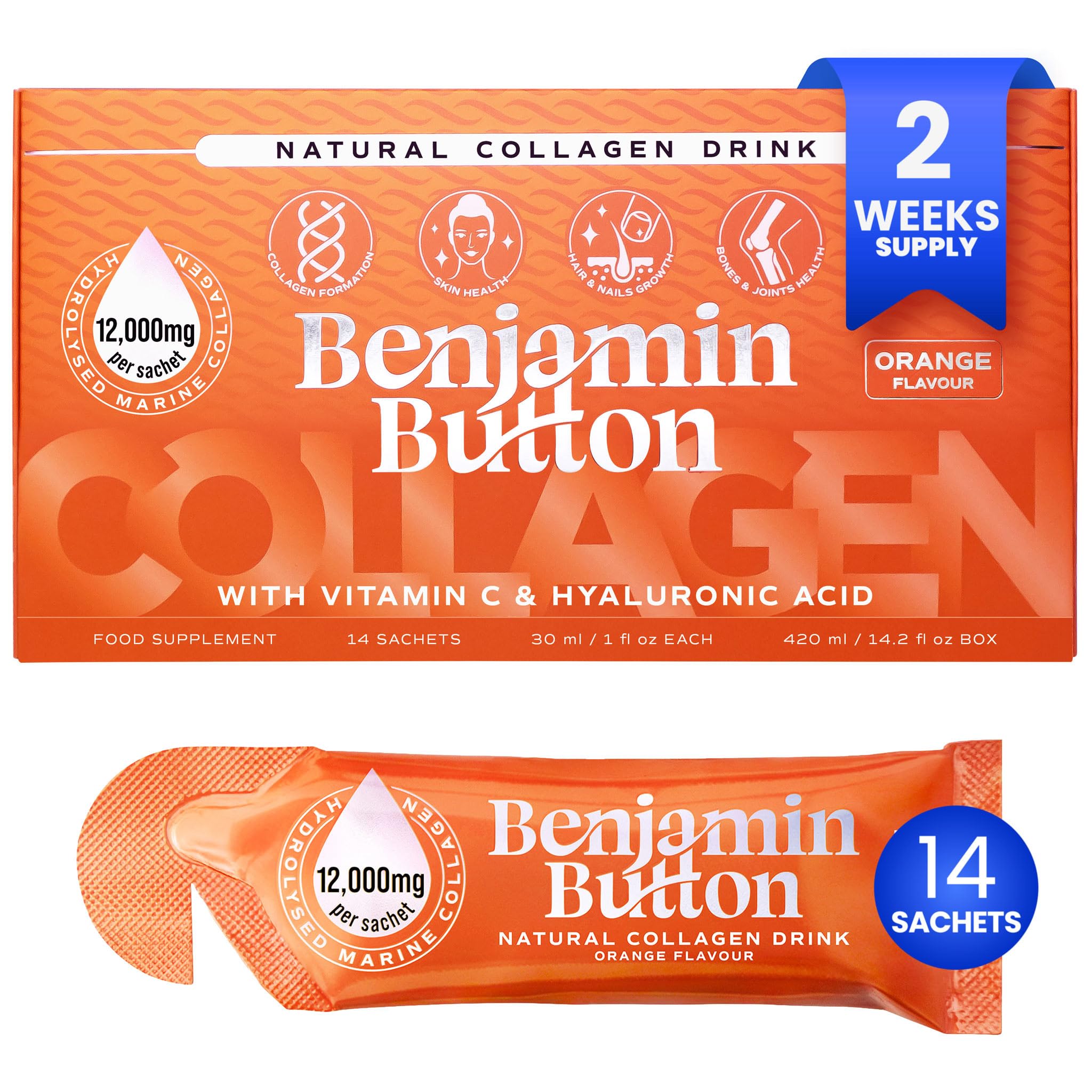 Benjamin Button envase frontal mostrando diseño y dosis 12.000 mg para reconocimiento rápido